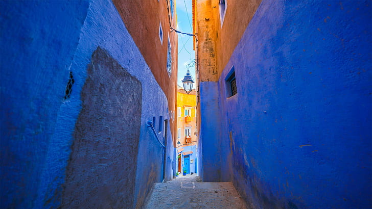 家、通り、モロッコ、シャウエン、 HDデスクトップの壁紙