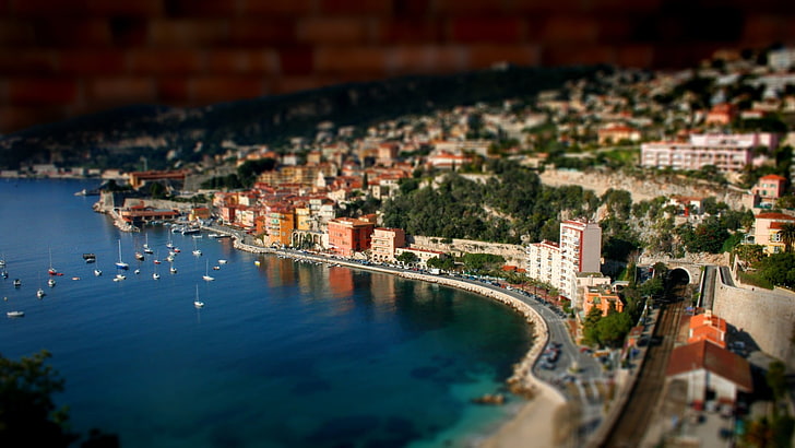 concrete buildings, aerial photo of body of water and buildings, tilt shift, HD wallpaper