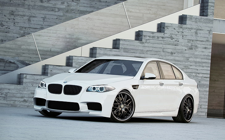 white BMW F10 sedan, white, BMW, ladder, wheels, black, side view, f10, daylight, black rims, HD wallpaper