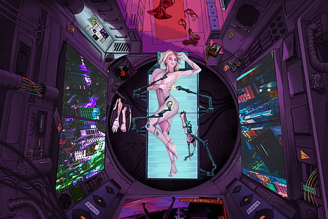 หญิงสาว, อนาคต, ห้อง, ศิลปะ, มุมมองจากด้านบน, นิยาย, ไซบอร์ก, ภาพประกอบ, คอนเซ็ปต์อาร์ต, เทคโนโลยี, Cyberpunk 2077, ตัวละคร, Cyberpunk, 2077, Emil Arutiunov, Cyberpunk [การประกวด procreate] โดย Emil Arutiunov, วอลล์เปเปอร์ HD HD wallpaper