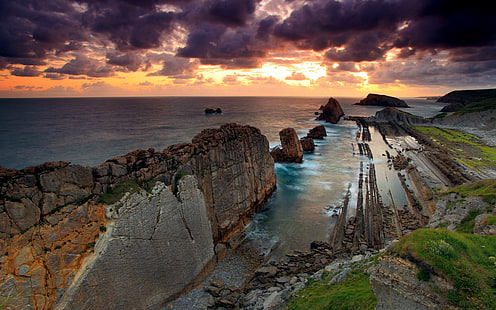 nature, paysage, mer, côte, falaise, coucher de soleil, formation rocheuse, Fond d'écran HD HD wallpaper