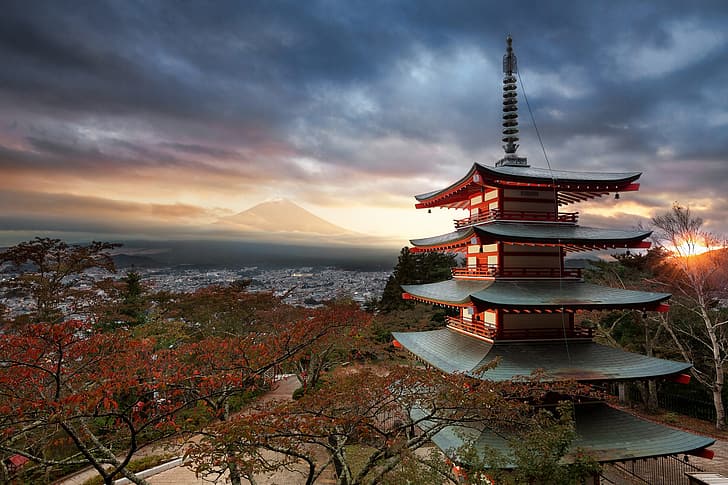 el cielo, el sol, los rayos, los árboles, el paisaje, la puesta de sol, las nubes, la naturaleza, la montaña, el volcán, Japón, Tokio, pagoda, Fuji, Pagoda roja de Chureito, Fondo de pantalla HD