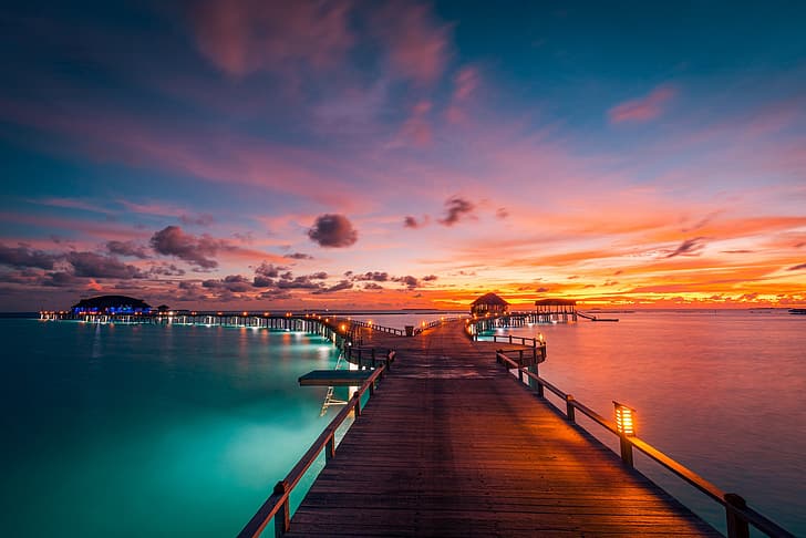 zachód słońca, most, ocean, Malediwy, Ocean Indyjski, Tapety HD