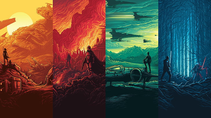 Star Wars 4-panel canvas, Star Wars, Rebel Alliance, R2-D2, Kylo Ren, collage, X-wing, science fiction, artwork, HD wallpaper