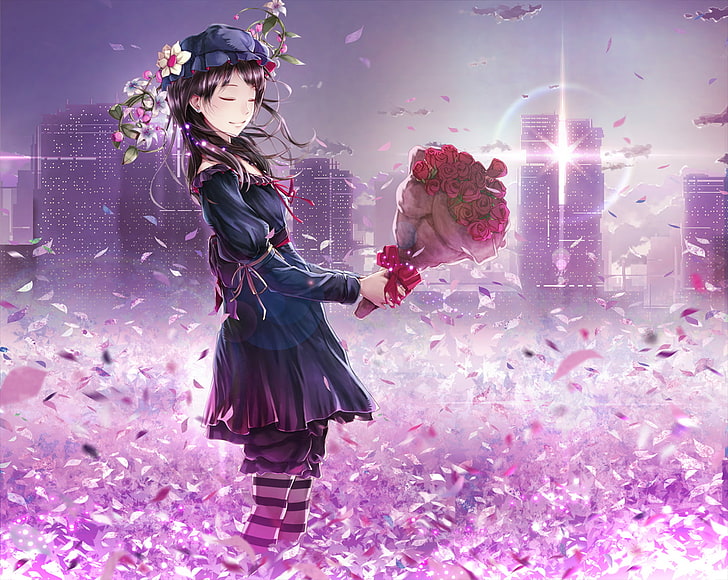 beautiful, city, flowers, girl, home, manga, sky, spring, HD wallpaper