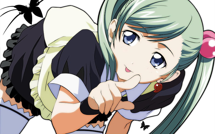 green-haired female anime character, girl, cute, smile, fingers, butterflies, background, HD wallpaper