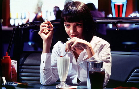 weißes Parfaitglas, Pulp Fiction, MIA Wallace, uma Thurman, HD-Hintergrundbild HD wallpaper