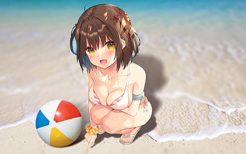 traje de baño-cielo, chicas anime, pelota de playa, pechos grandes, Fondo de pantalla HD HD wallpaper