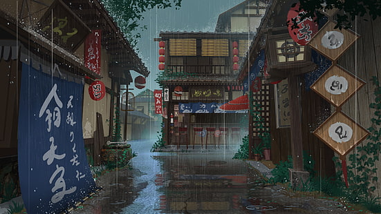Аниме, оригинал, къща, дъжд, улица, HD тапет HD wallpaper