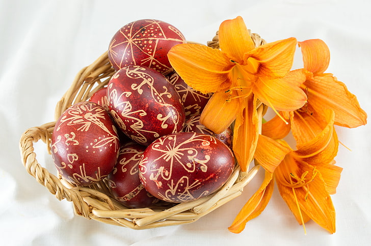 Lily, eggs, Easter, basket, HD wallpaper