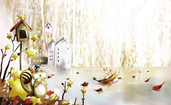 Autumn Scenes 9, conejo en la ilustración del barco, estaciones, otoño, escenas, Fondo de pantalla HD