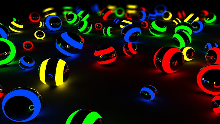 Tragbare Lautsprecher in verschiedenen Farben, Kugel, Lichter, Cinema 4D, digitale Kunst, Grafik, HD-Hintergrundbild