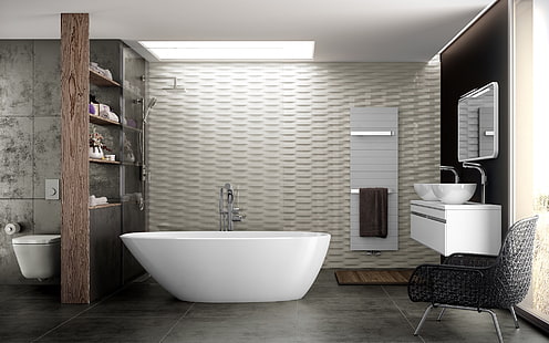 белая ванна, дизайн, интерьер, кресло, ванна, проект, модерн, ванная комната, HD обои HD wallpaper