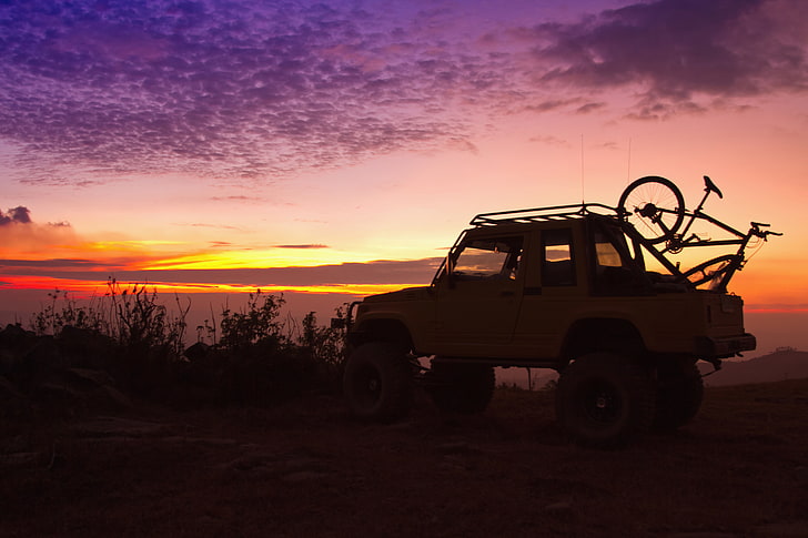 silhouette of vehicle near grasses photo, sunset, nature, bike, background, the evening, silhouette, jeep, SUV, Parking, the trunk, journey, beautiful, bokeh, travel, wallpaper., my planet, beautiful background, jeeping, fixed, HD wallpaper