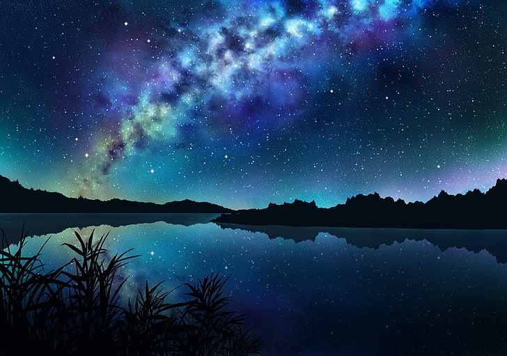 lanskap anime, sungai, malam, bintang, refleksi, Anime, Wallpaper HD