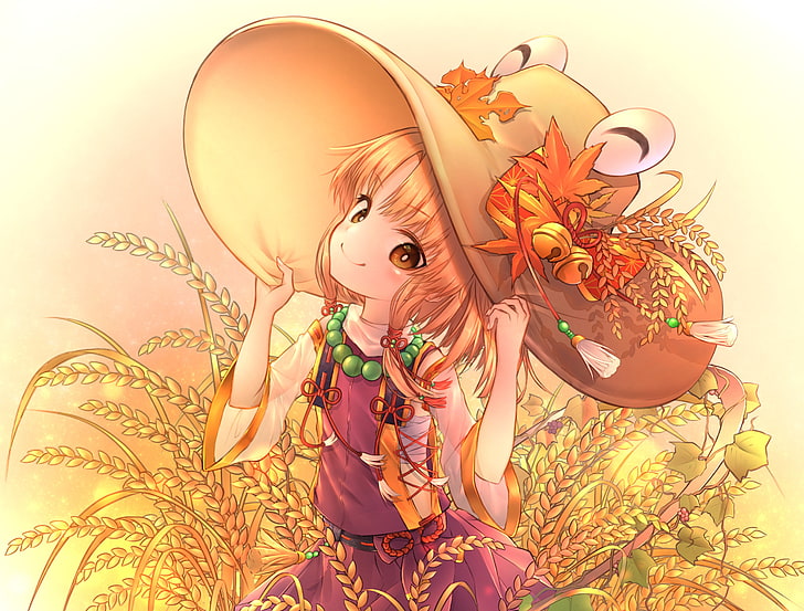moriya suwako, touhou, blonde, hat, wheat, smiling, Anime, HD wallpaper