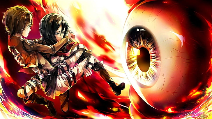 male and female anime character digital wallpaper, Anime, Attack On Titan, Eren Yeager, Mikasa Ackerman, HD wallpaper