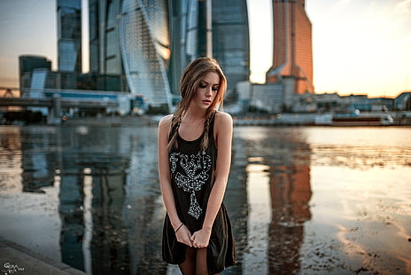 women's black tank top, women, model, blonde, dress, city, river, Ksenia Kokoreva, Georgy Chernyadyev, HD wallpaper HD wallpaper