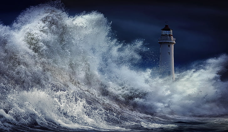 arte digital, 500 px, Nikos Bantouvakis, tormenta, olas, mar, faro, Fondo de pantalla HD