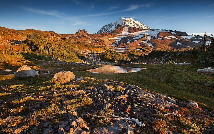 paisaje, montañas, lago, rocas, pico nevado, Fondo de pantalla HD