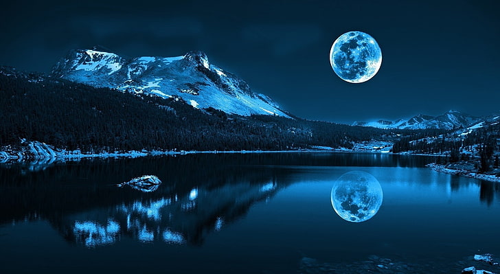 Лунна нощ, пълнолуние и водно тяло, Аеро, Творчески, Луна, Синьо, Природа, Пейзаж, Нощ, Пейзаж, Дизайн, Езеро, Вода, Лунна светлина, Отражение, HD тапет