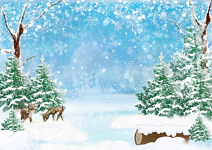 예술, 겨울, 사슴, 숲, 눈, 나무, HD 배경 화면 HD wallpaper