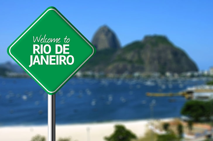 Rio De Janeiro-Beschilderung, Natur, Landschaft, Berge, Brasilien, Rio de Janeiro, Verkehrsschild, Meer, Strand, Bäume, Schärfentiefe, verwischt, HD-Hintergrundbild