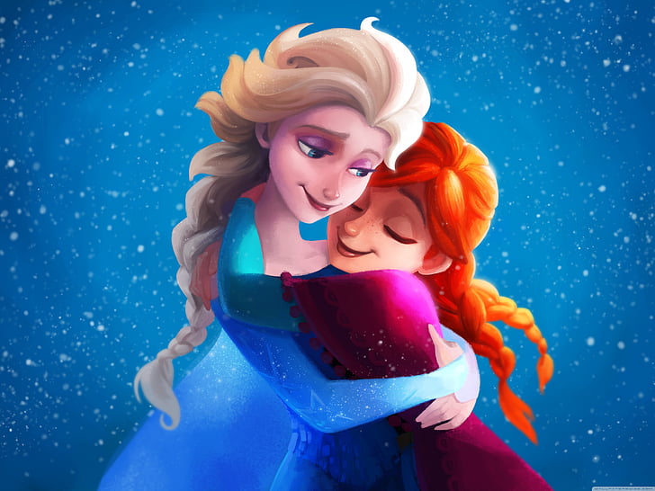 디즈니 겨울 왕국 Anna and Elsa illustration, Elsa, Anna, Sisters, 포옹, 겨울 왕국, 4K, HD 배경 화면