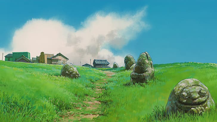 animazione, anime, Studio Ghibli, illustrazione, campo, natura, formazione rocciosa, cielo, 4K, Spirited Away, nuvole, Sfondo HD
