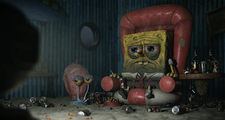 Yan Blanco, spongebob, cigarettes, alcool, escargot, chaise, art numérique, Fond d'écran HD