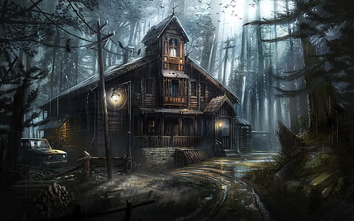 тъмна гора, гарвани, къща с духове, ужас, фантазия, HD тапет HD wallpaper