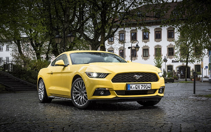 yellow Ford Mustang coupe, ford, mustang, gt, eu-spec, yellow, side view, HD wallpaper