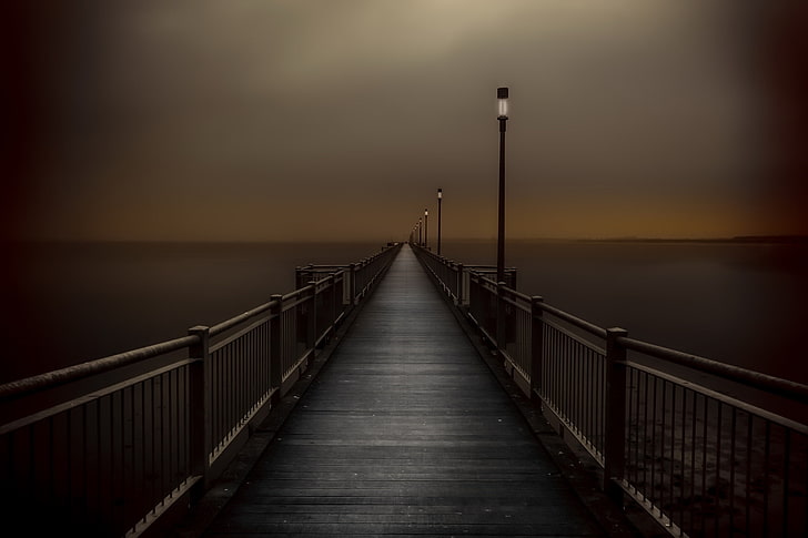 dark, lantern, pier, sky, sea, HD wallpaper
