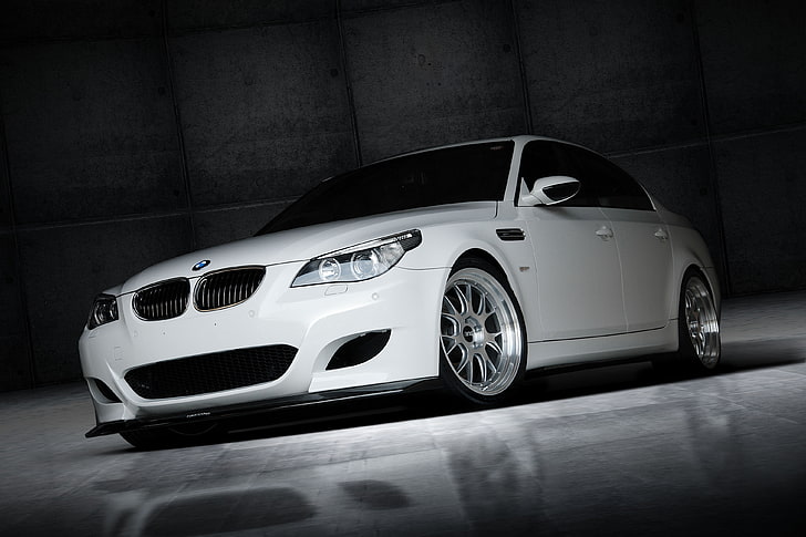 white BMW E60, white, BMW, wheels, sedan, drives, front view, bbs, e60, BBC, HD wallpaper