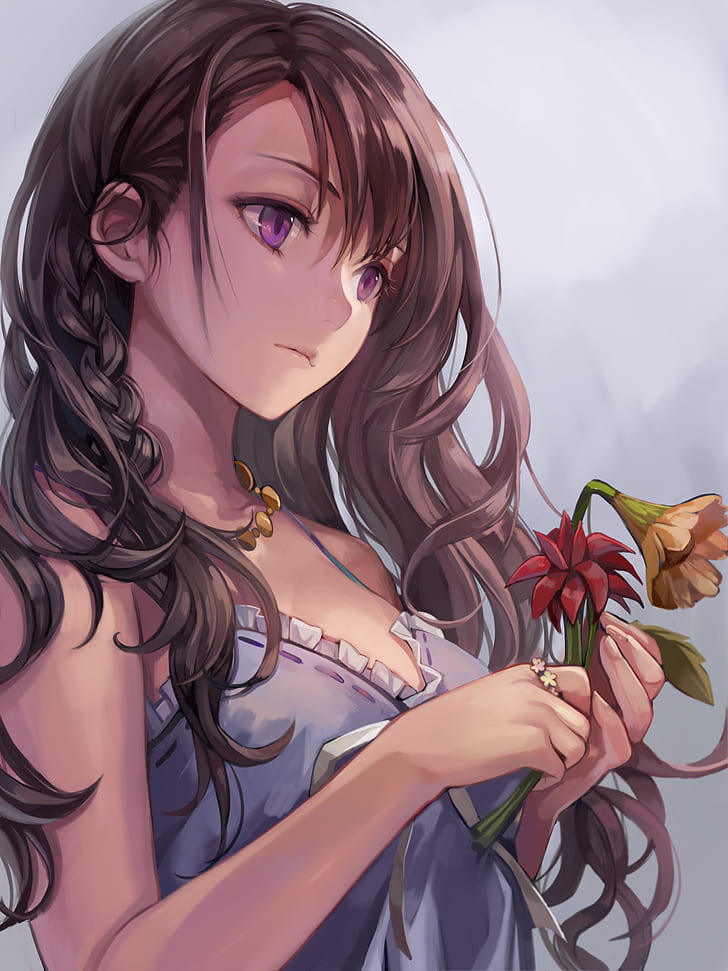 Anime, Anime Girls, Blumen, lila Augen, lange Haare, brünett, HD-Hintergrundbild, Handy-Hintergrundbild