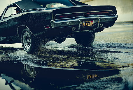черен кабриолет, Dodge Charger, кола, вода, черни автомобили, HD тапет HD wallpaper