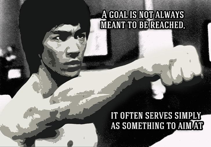 foto grayscale dari Bruce Lee, Bruce Lee, seni bela diri, motivasi, kutipan, pria, tipografi, Wallpaper HD