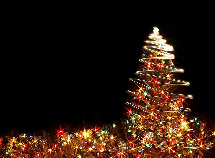 クリスマスツリー、花輪、休日、クリスマス、新年、黒背景、クリスマスツリー、花輪、休日、クリスマス、新年、黒背景、 HDデスクトップの壁紙