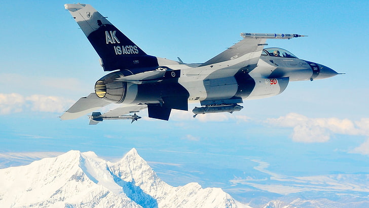 biało-czarny samolot AK, wojsko, samoloty, samoloty wojskowe, samolot, myśliwiec, US Air Force, Alaska, General Dynamics F-16 Fighting Falcon, Tapety HD