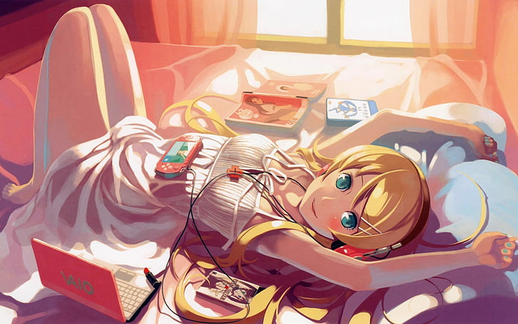 женски аниме герой, лежащ на леглото тапет, жени, аниме, аниме момичета, Ore no Imouto ga Konnani Kawaii Wake ga Nai, Kousaka Kirino, компютър, в леглото, червило, HD тапет
