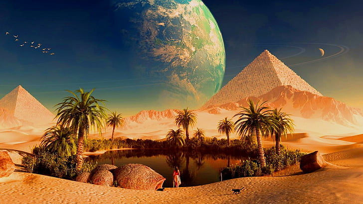 천국, 오아시스, 행성, 공간, 피라미드, 판타지, HD 배경 화면