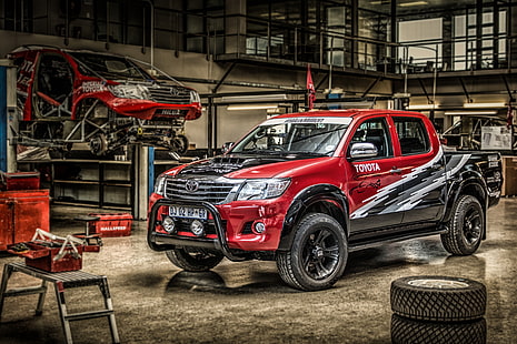 camioncino rosso e nero della cabina dell'equipaggio della Toyota, Toyota, pickup, Hilux, 2015, Sfondo HD HD wallpaper