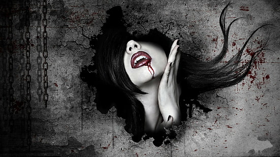арт, кровь, темнота, лицо, фэнтези, страх, готика, ужас, вампиры, женщины, HD обои HD wallpaper