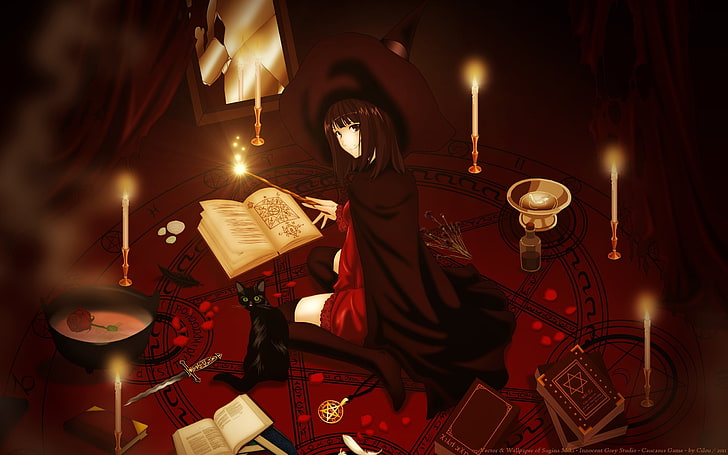 рыжеволосая женщина в красном платье иллюстрация, аниме девушки, ведьма, аниме, оригинальные персонажи, HD обои