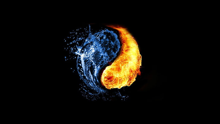water and fire yin-yang illustration, fire, water, Yin and Yang, abstract, black background, digital art, HD wallpaper