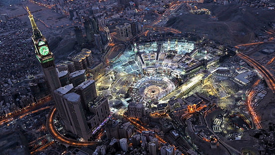 религия, град, въздушна фотография, метрополия, земя, градски пейзаж, пространство, нощ, Мека, Саудитска Арабия, джамия, голяма джамия на Мека, HD тапет HD wallpaper