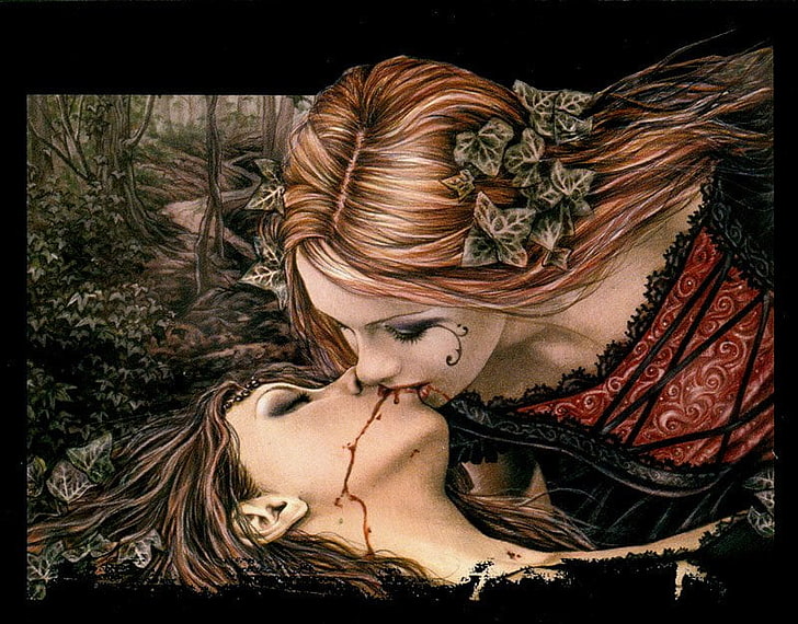 женщина целует другую женщину живопись, фэнтези, любовь, кровь, поцелуй, HD обои