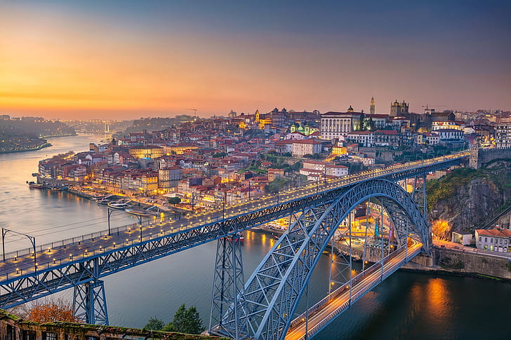 bridge, river, dawn, panorama, Portugal, Vila Nova de Gaia, Porto, Port, the river Duero, Douro River, Dom Luís I Bridge, Ponte de don Luis I, HD wallpaper