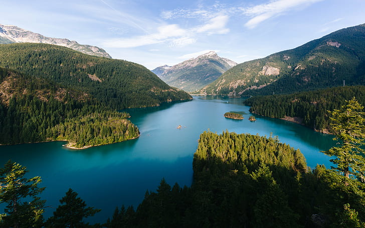 blue lake between mountain range, Shadow Games, blue lake, mountain range, landscape, nature, Diablo Lake, north cascades, Washington, Pacific Northwest, mountains, Canon EOS 5D Mark III, Canon EF, 35mm, 4L, morning, shadows, lake, mountain, forest, scenics, outdoors, water, summer, tree, sky, european Alps, blue, green Color, beauty In Nature, HD wallpaper