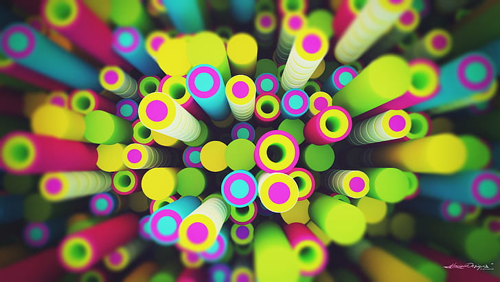 Lacza, digital art, abstract, sphere, circle, colorful, pipes, 3D, HD wallpaper